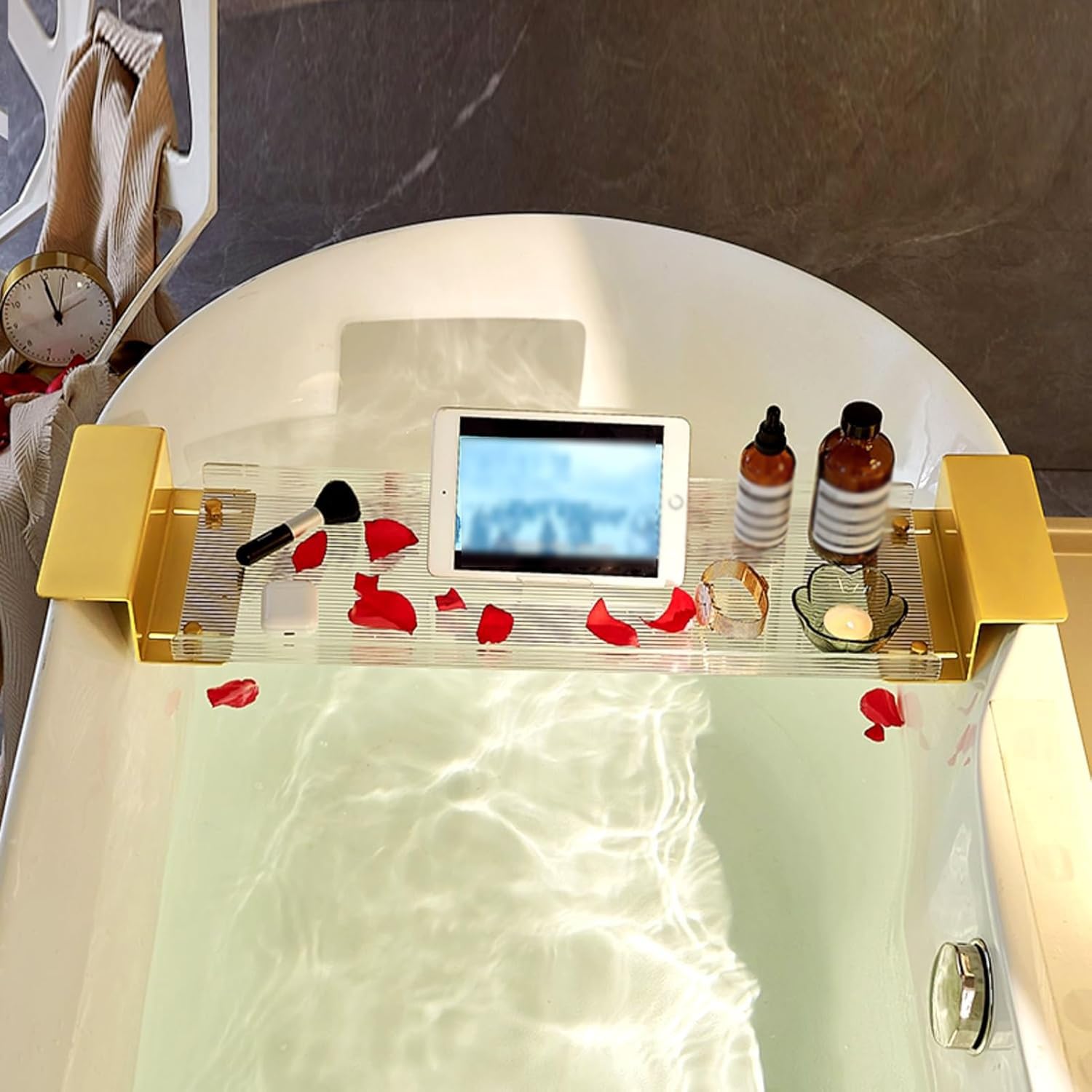 Generisch Badewannentabletts, Badewannentablett, verstellbares Wannen-Organizer-Ablagetablett, Badewannen-Caddy-Tablett für Luxusbadewanne, ausziehbares Brücken-Duschregaltablett, Badezimmer-Zubehör,
