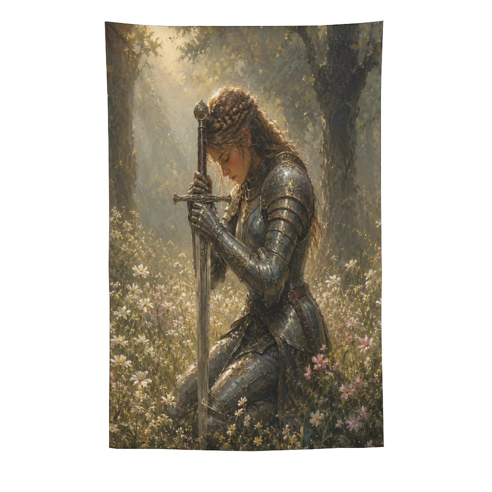 H3B8U2Y5 Medieval Female Knight Forest Wall Tapestry, Medieval Illustration