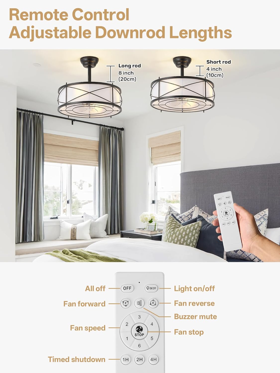 Farmhouse Rustic Fandelier Ceiling Fan with Light, 20" Black Chandelier Ceiling Fans with Lights and Remote with 6 Speeds for Living Room, Bedroom, Nursery