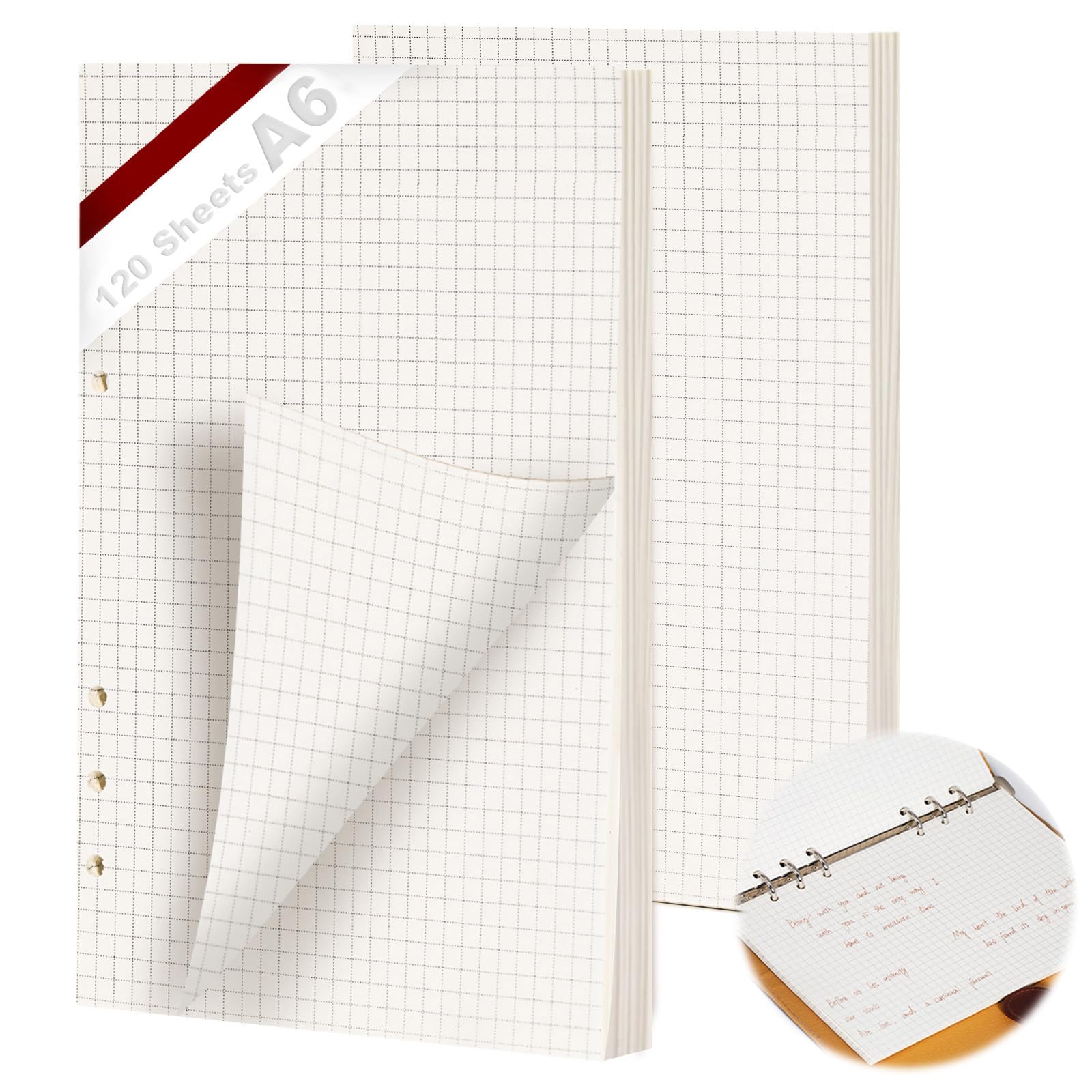 Zestaw 2 segregatorów A6, 120 arkuszy papieru, 6 otworów, w kratkę papier uzupełniający, wkłady uzupełniające do notatników, pamiętników, szkiców, planerów