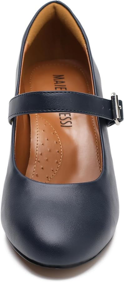 MAIERNISI JESSI Women's Bow Ankle Strap Pumps - 3.5 Inch Block Heel Mary Jane Shoes