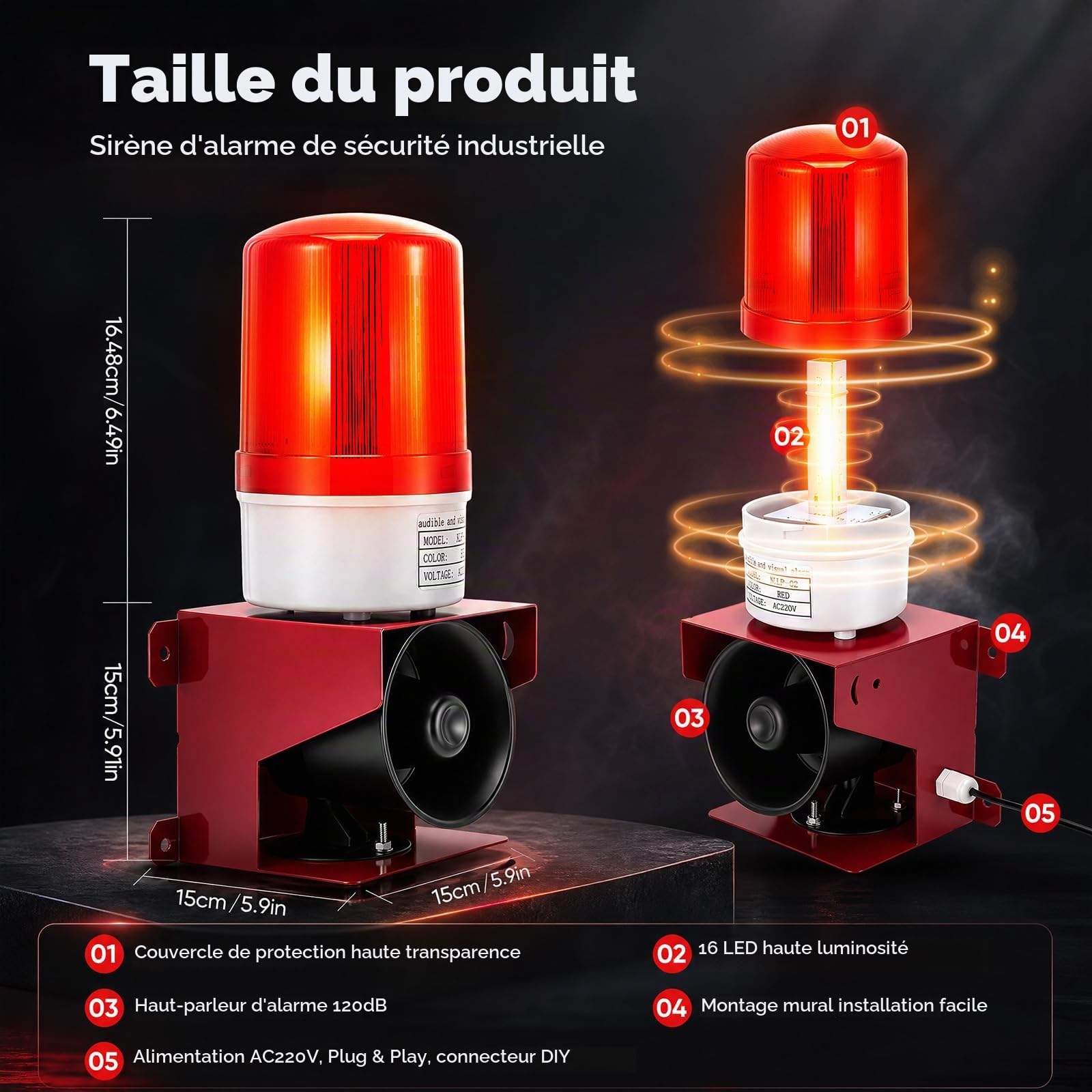 Sirène D'alarme Industrielle, 120 DB avec Lumière Stroboscopique IP65 Lampe LED Industrielle Convient pour Une Utilisation Intérieure et Extérieure Mine Pierre Cour de Sable Prise EU 220 V