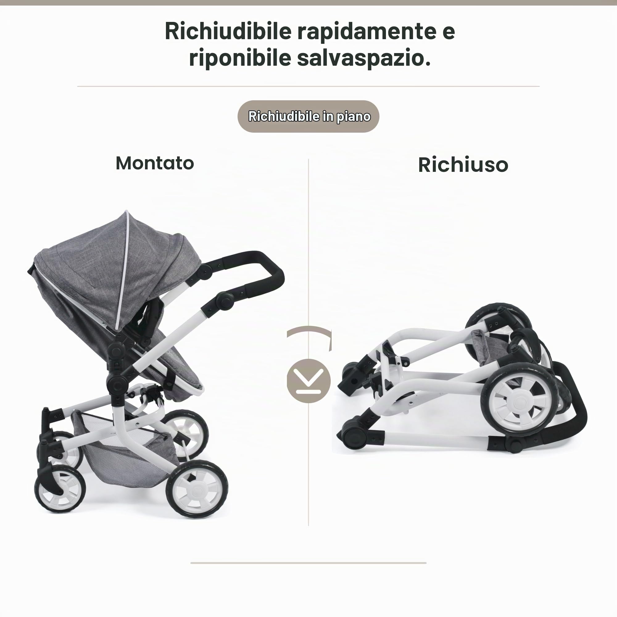 Bayer Chic 2000 - Passeggino per bambole Mika, 2 in 1 per bambini da 4 a 8 anni, jeans grigio