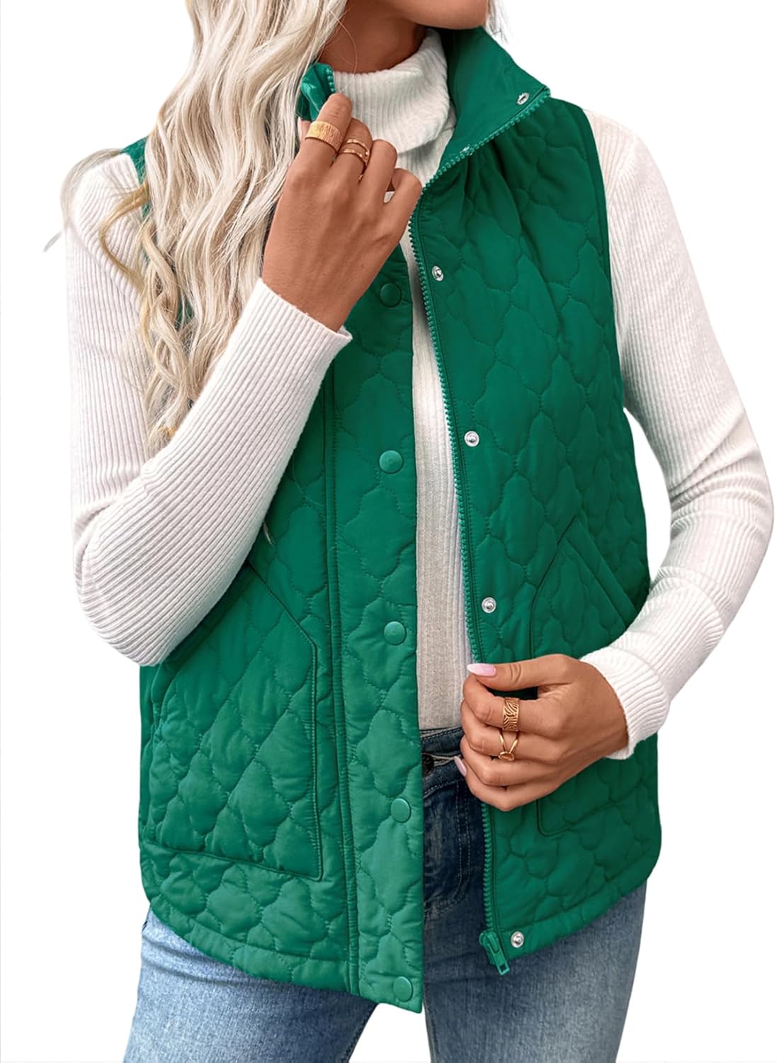 EVALESS Womens Puffer Vest Lightweight Stand Collar Sleeveless Cropped Quilted Jackets Button Fall Zip Up Coat Outerwear