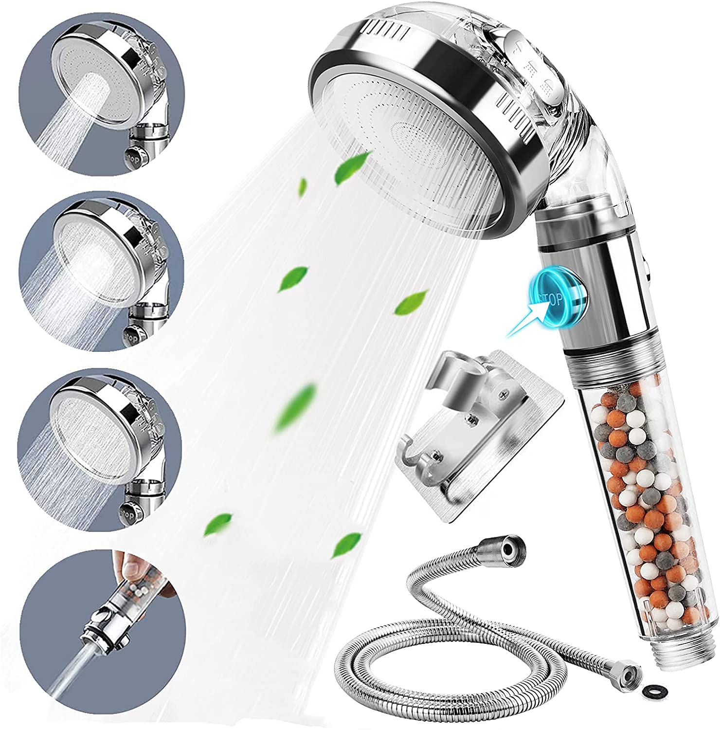 KASTWAVE Ionic Shower Head, Handheld High Pressure Shower Spray Filter Hard Water with ON/Off Switch, 3 Modes Soften Water Saving Adjustable Power Showerhead with Filter Beads