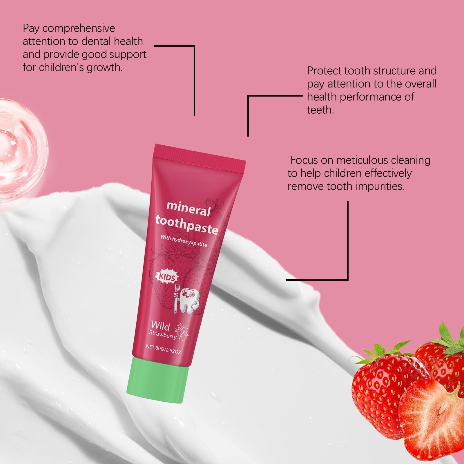 Dentifricio Minerale For Bambini 80g Gusto Fragola: Pulizia Quotidiana Delicata Dei Denti, Salute Delle Gengive, Divertimento Nella Spazzolatura(3PCS)