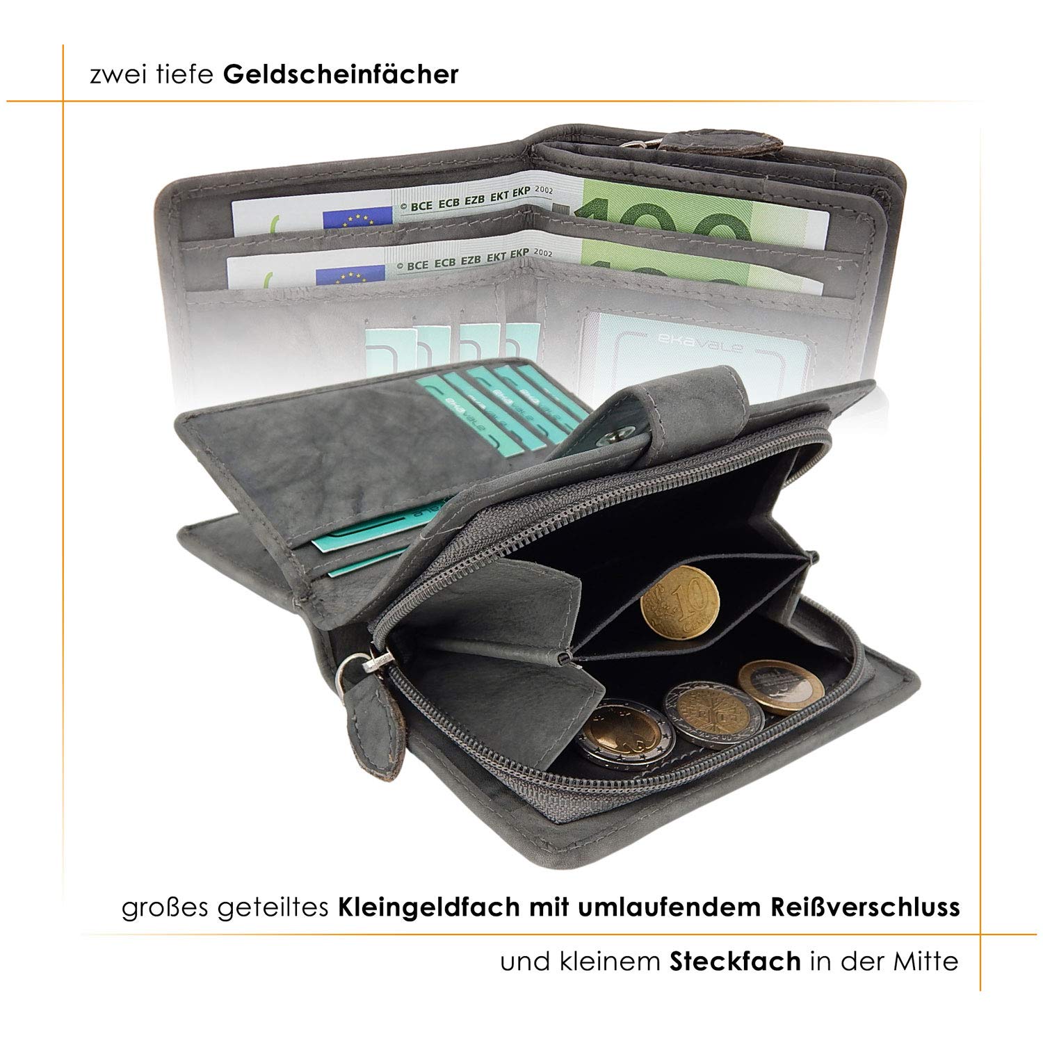 ekavale Damen Geldbörse aus weichem Leder mit RFID-Schutz - Damen-Portemonnaie (Grau)