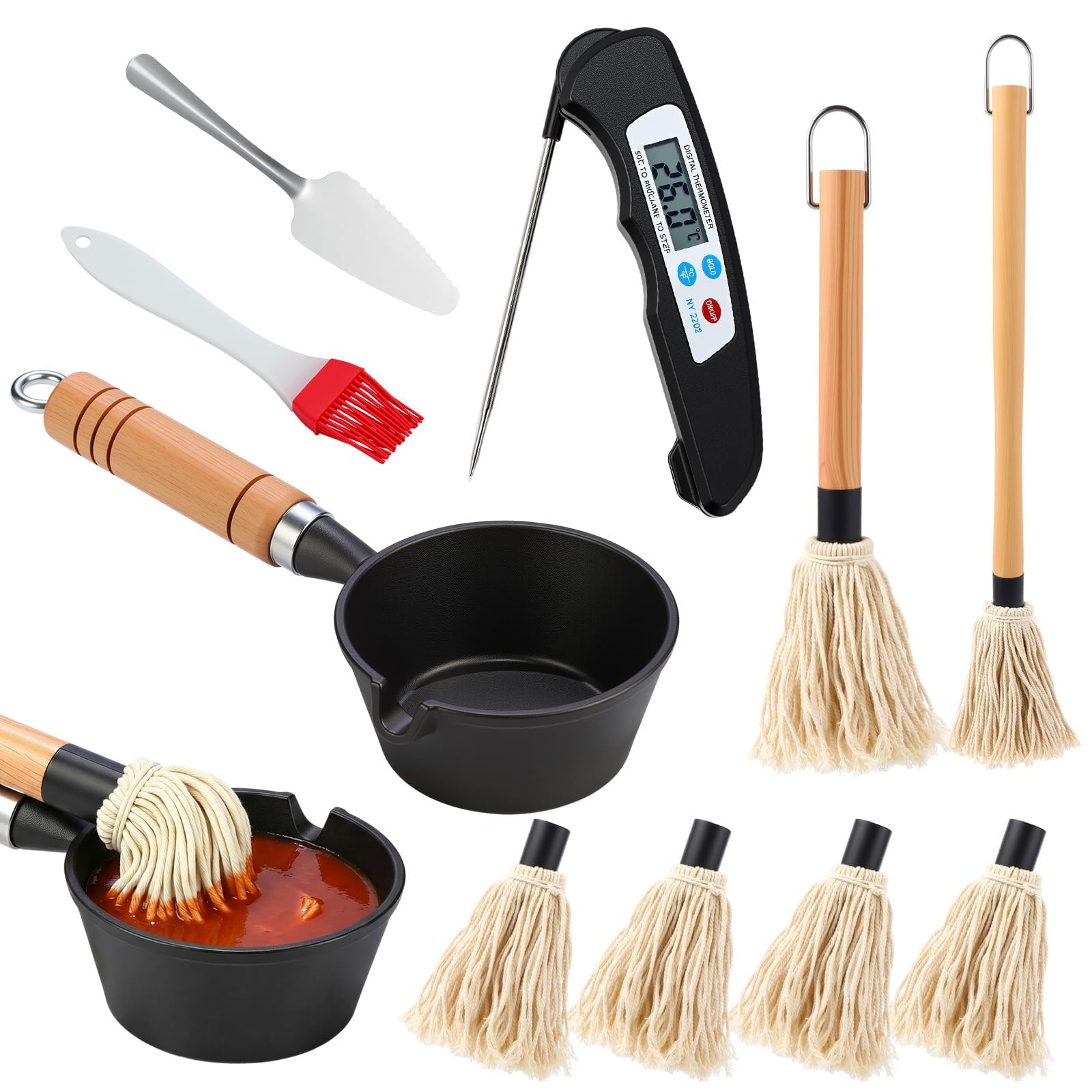 12 Pcs BBQ Mop Brush and Cast Iron Sauce Pot Set Include Cast Iron Basting Pot 2 Size Wooden Handle 6 Replacement Heads with Meat Thermometer Silicone Brush Spatula for Grilling Saucing