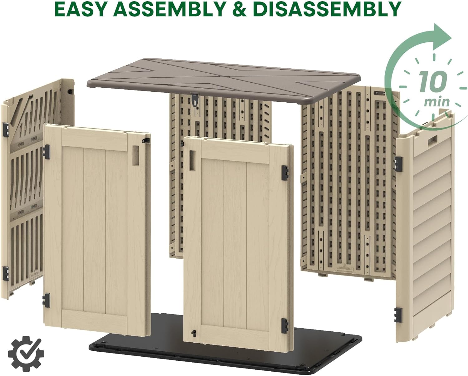 30 Cu.Ft Outdoor Storage Shed, Multi-Purpose Weather-Resistant Utility Shed for Garbage Cans, Lawn Mower, Garden Tools, Waterproof Resin Horizontal Cabinet with Pad-Lockable Doors (Khaki)