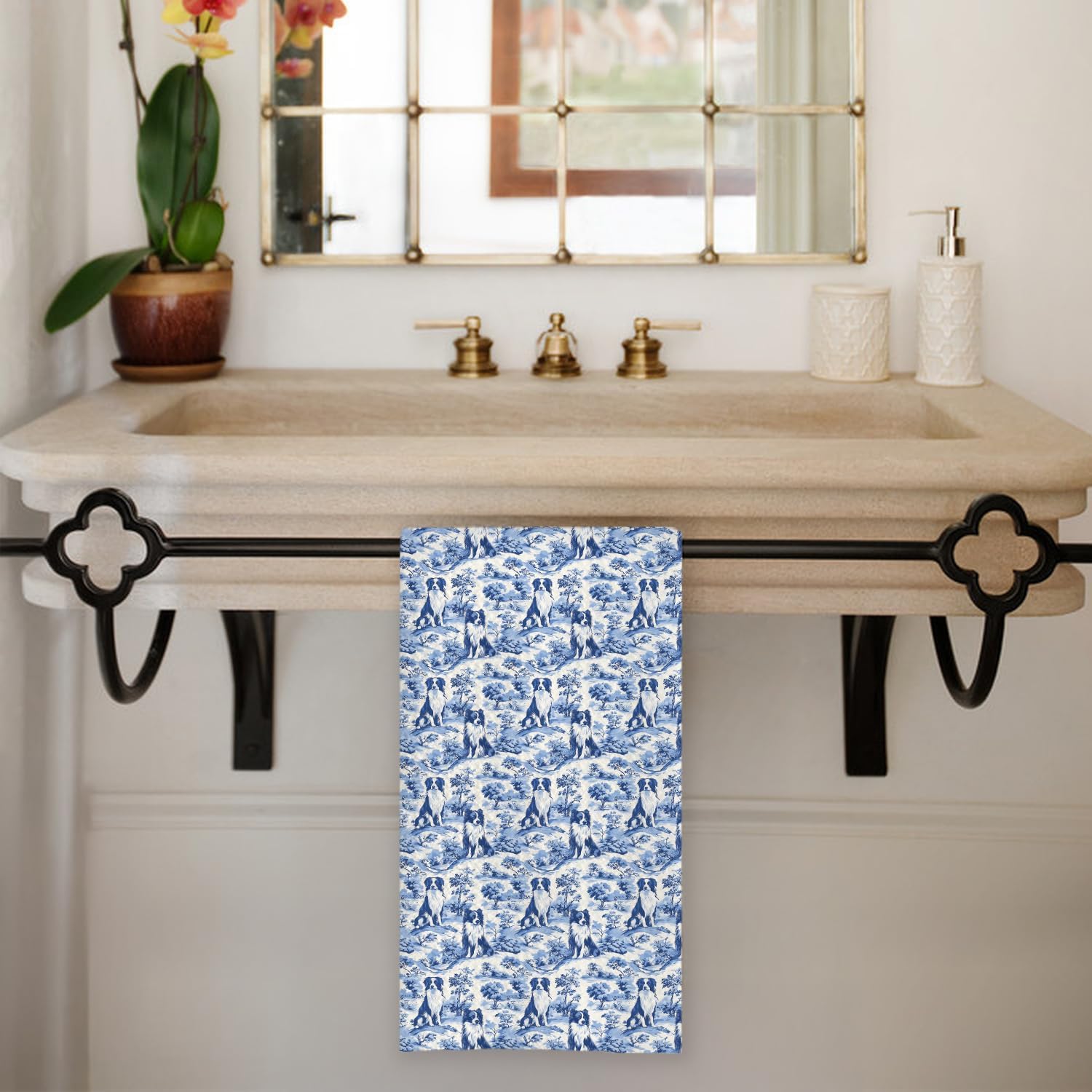 Chicimln Chinoiserie Border Collie Kitchen Towels, Border Collie Gifts Decorative Hand Towels for Bathroom, Blue and White Dog Dish Tea Towel Drying Cloth for Kitchen Decor, 16x24 Inch - Image 7
