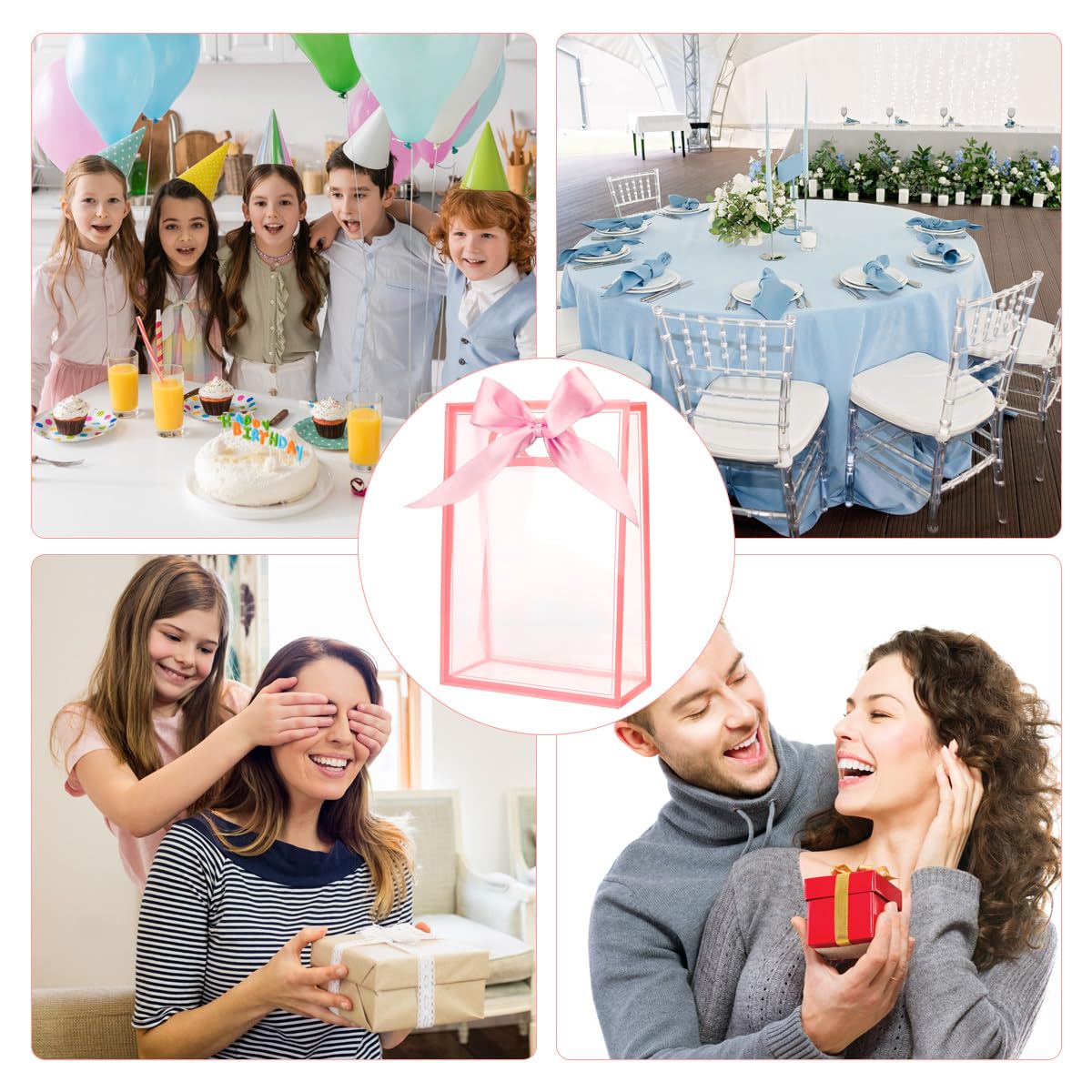 ZJHiome Clear Gift Bags with Handle, 8 PCS PVC Gift Bag with Ribbon Bow for Christmas Easter Wedding Baby Shower Birthday Party(Pink)
