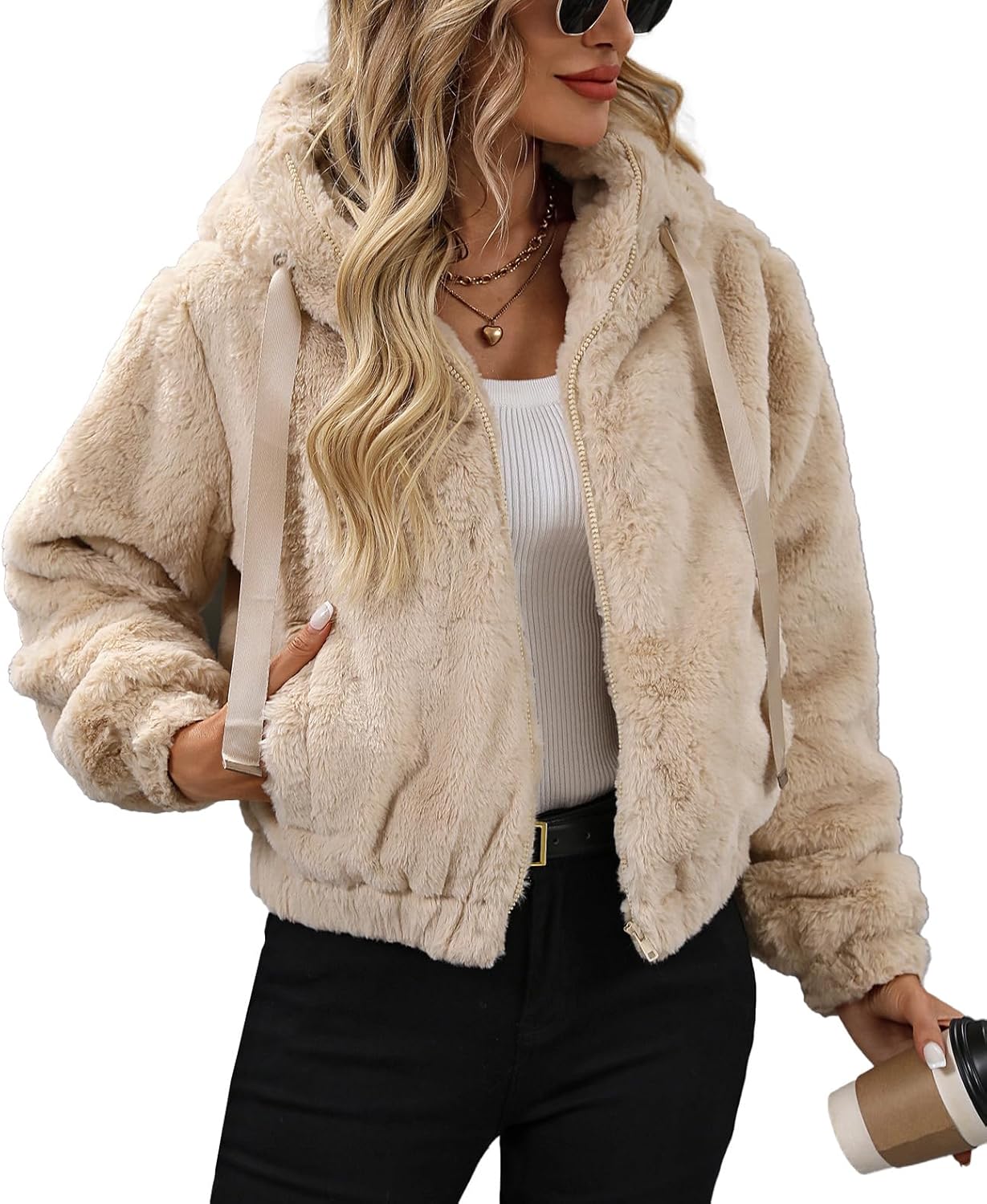 Women's Faux Fur Crop Coat Full Zip Fleece Sherpa Jacket with Hood