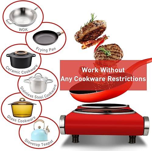 Miniatura 2 de Techwood Placas calientes dobles para cocinar, estufa eléctrica de 1800 W, quemador infrarrojo de cerámica para encimera con temperatura ajustable