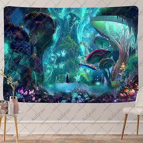 Miniatura 15 de Aidatain Tapiz de selva de hongos misteriosos, extra grande de 108 pulgadas y 90 pulgadas, diseño de árbol de luciérnaga de fantasía, juego de