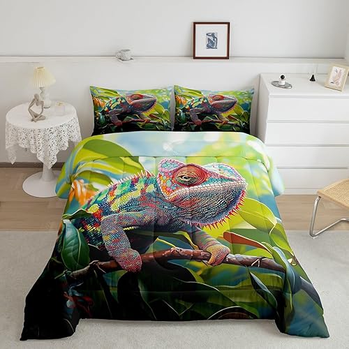 jejeloiu Chameleon Comforter Queen Size Lizard Bedding Set for Boys Girls Nature