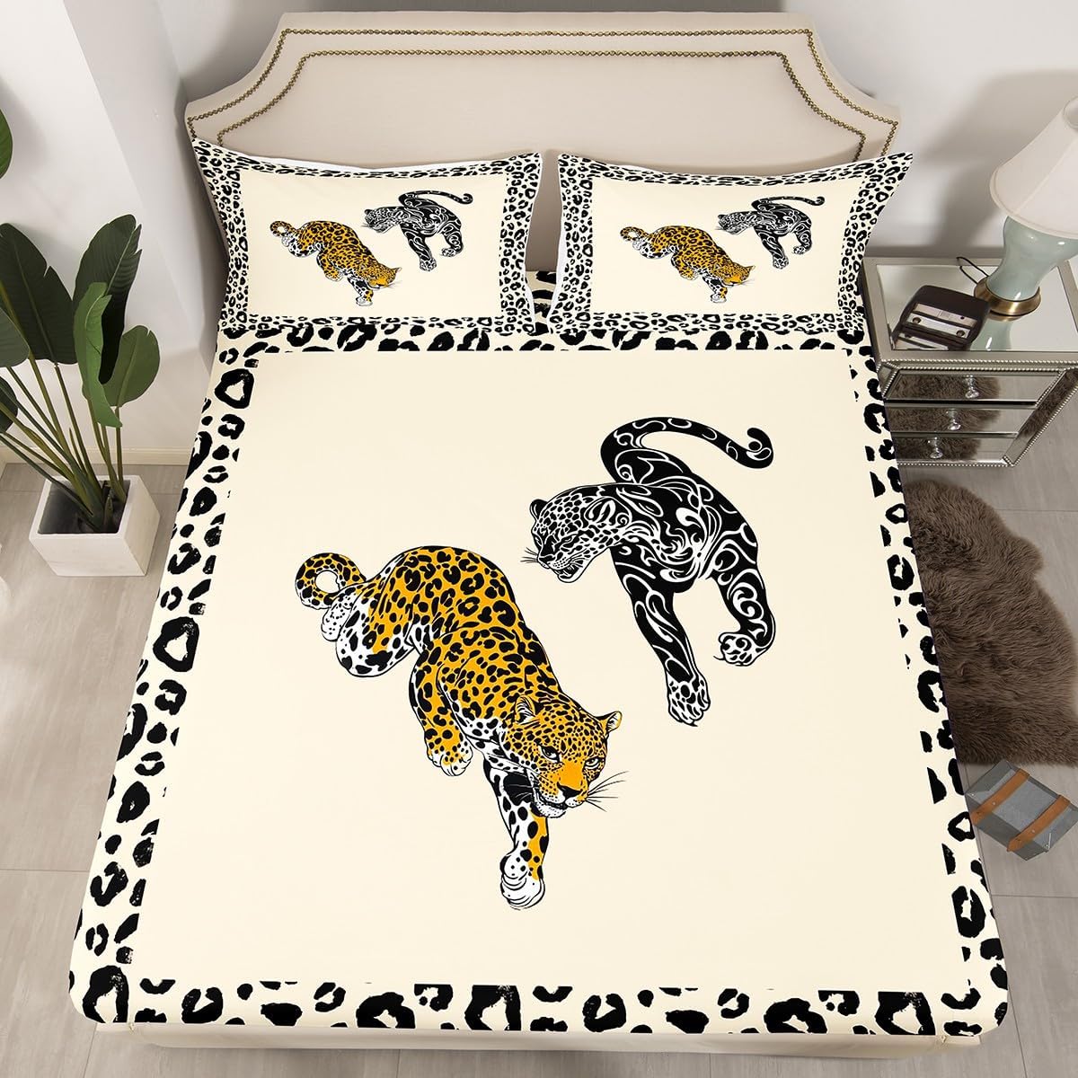 Cartoon Cheetah Fitted Sheet,Black Leopard Print Plaid Stripes Bedding Set for Kids Teens Adults,Cute Wild African Animals Decor Bed Sheet with 2 Pillowcases(No Top Sheet),Queen Size 3 Pcs