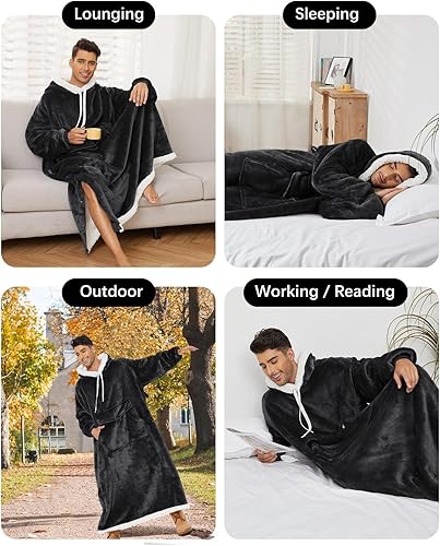 Miniatura 6 de MILDLY Manta de forro polar Sherpa gruesa y cálida con capucha larga, 1 unidad, sudadera con capucha grande, color negro