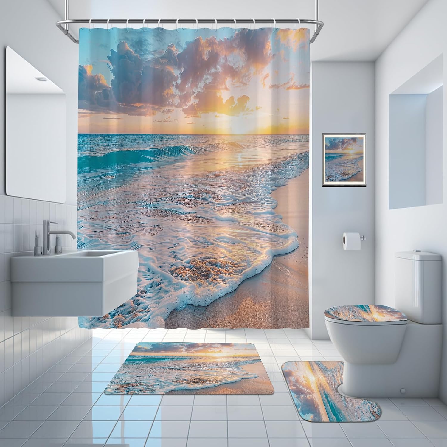 4 Pcs Beach Shower Curtain,Sunset Beach Coastal Scenic Shower Curtain Set,Waterproof Bathroom Sets with Shower Curtain and Rugs,Ocean Shower Curtains for bathroom,With 12 Hooks,Golden Orange