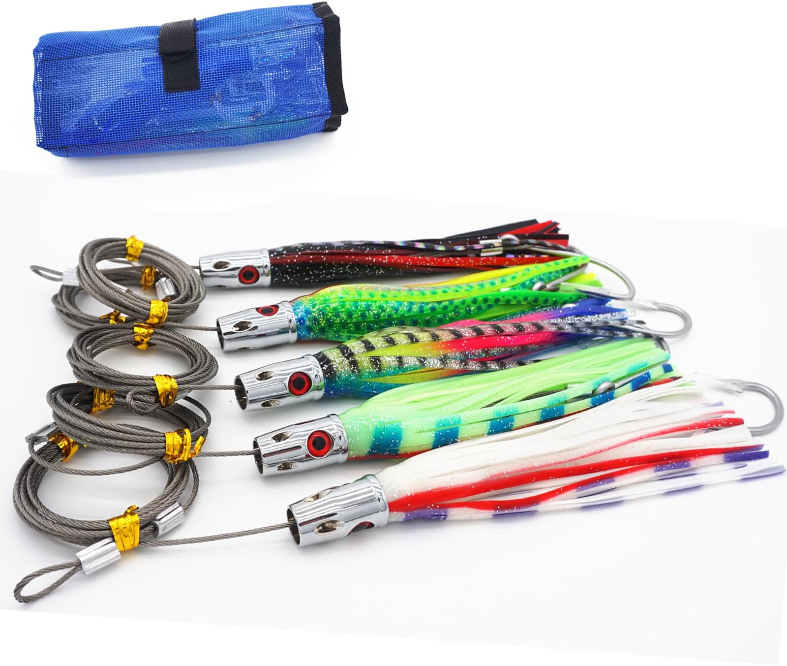 Trolling Tuna Lures Fishing Saltwater Lures Set of 5 Colors 6.5 Inch with Fully Rigged Teasers Squid,Bullet Head Offshore Jet Head Metal for Dolphin Wahoo
