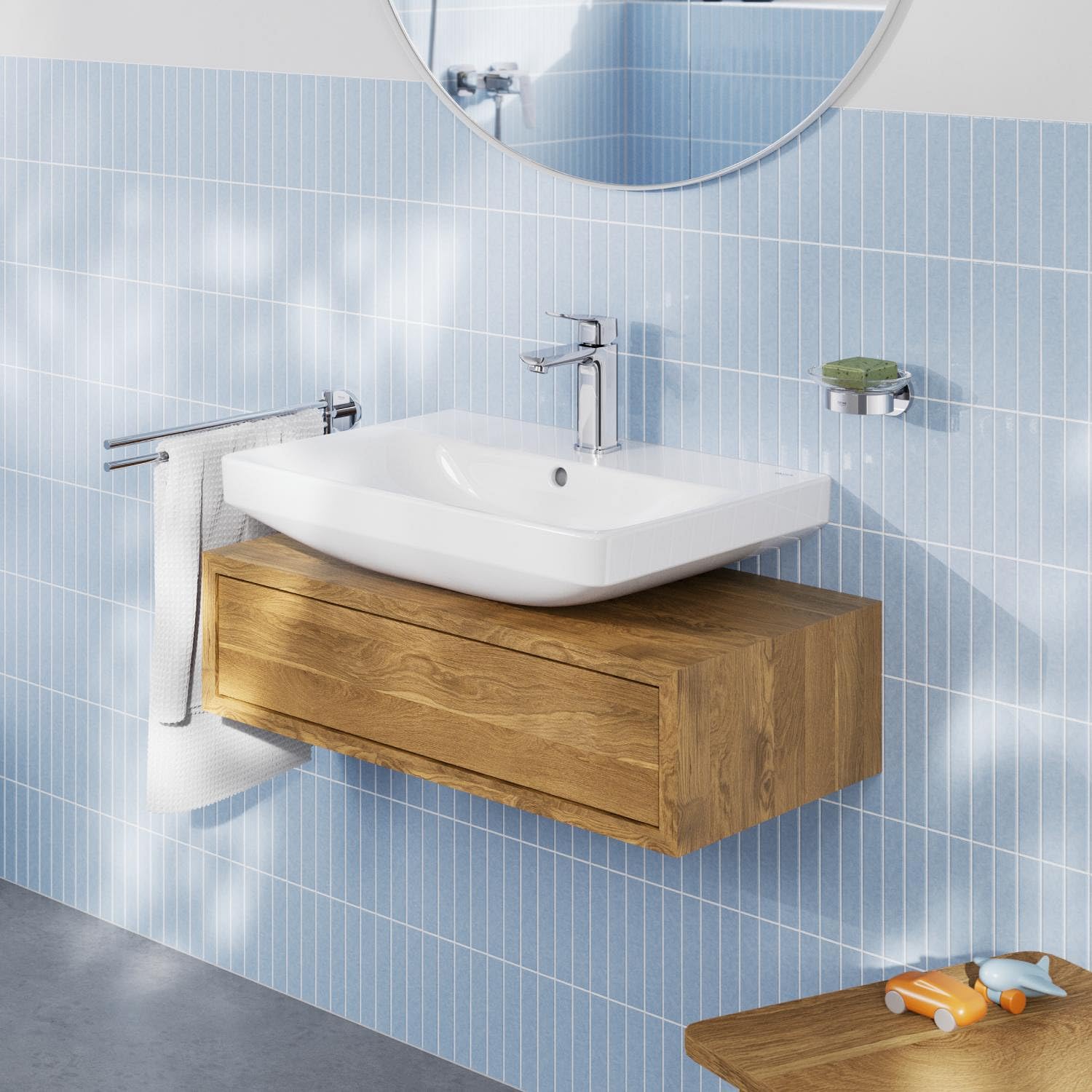 GROHE Dice Grifo Monomando de Lavabo M con Desagüe Push-Open (Cartucho Cerámico 28 mm, Ahorro de Agua, Conexiones 3/8", Fácil de Instalar QuickTool Incluido), Cromado, 1018330000
