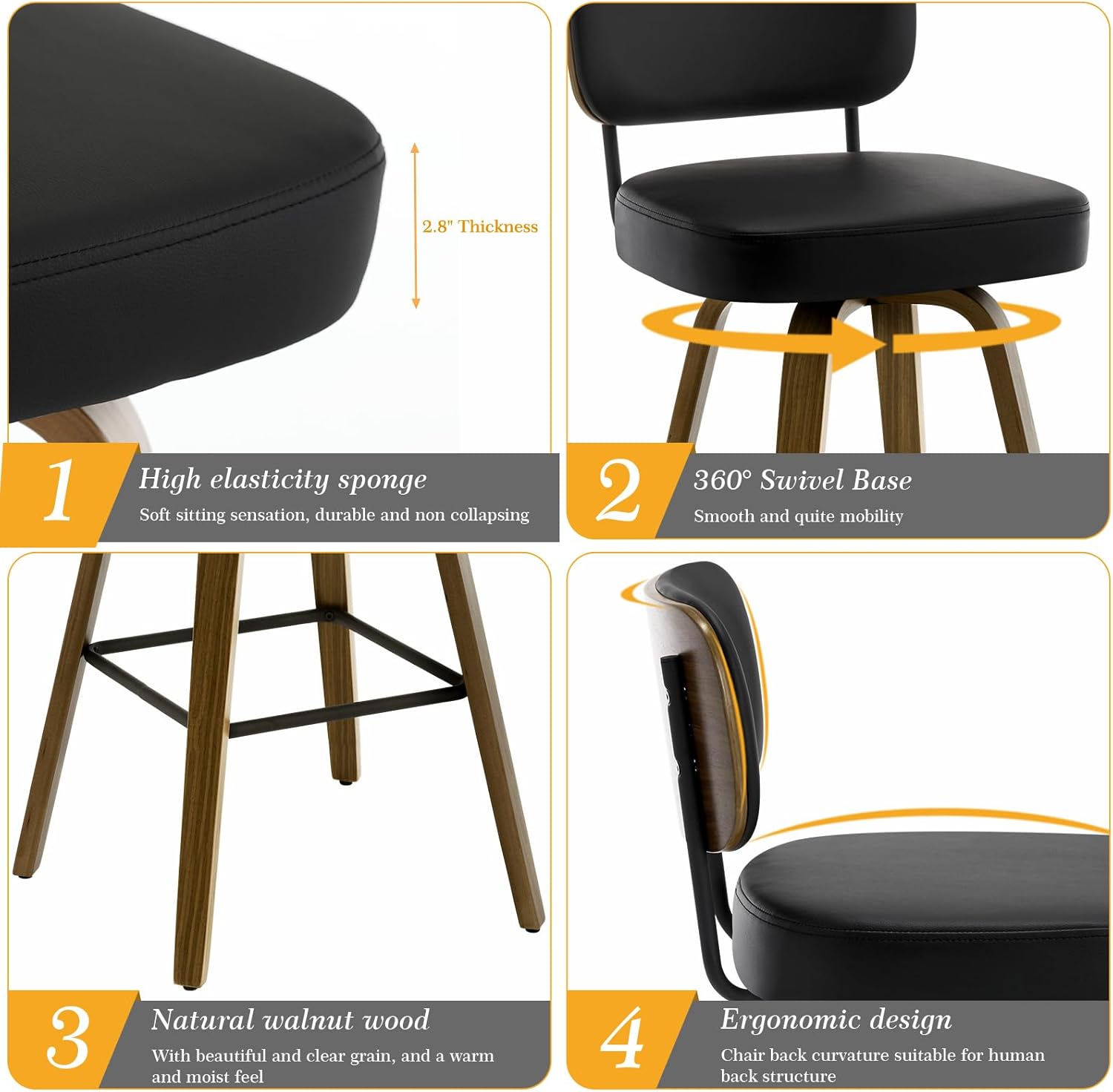 Bekrvio Swivel Counter Height Bar Stools Set of 3, 26" Upholstered Faux Leather Barstools with Back and Bent Wood Legs, Mid Century Modern Bar Chair Island Stool for Kitchen Counter, Black