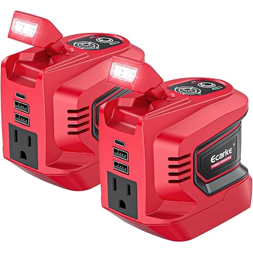Ecarke 220W Power Inverter Compatible with Milwaukee 18V Battery (Tool Only), DC 20V to AC 110V Power Station with 1 AC Outlet, 2 USB-A, 1 Type-C & LED Light for Camping Outdoor Emergency(2-Pack)