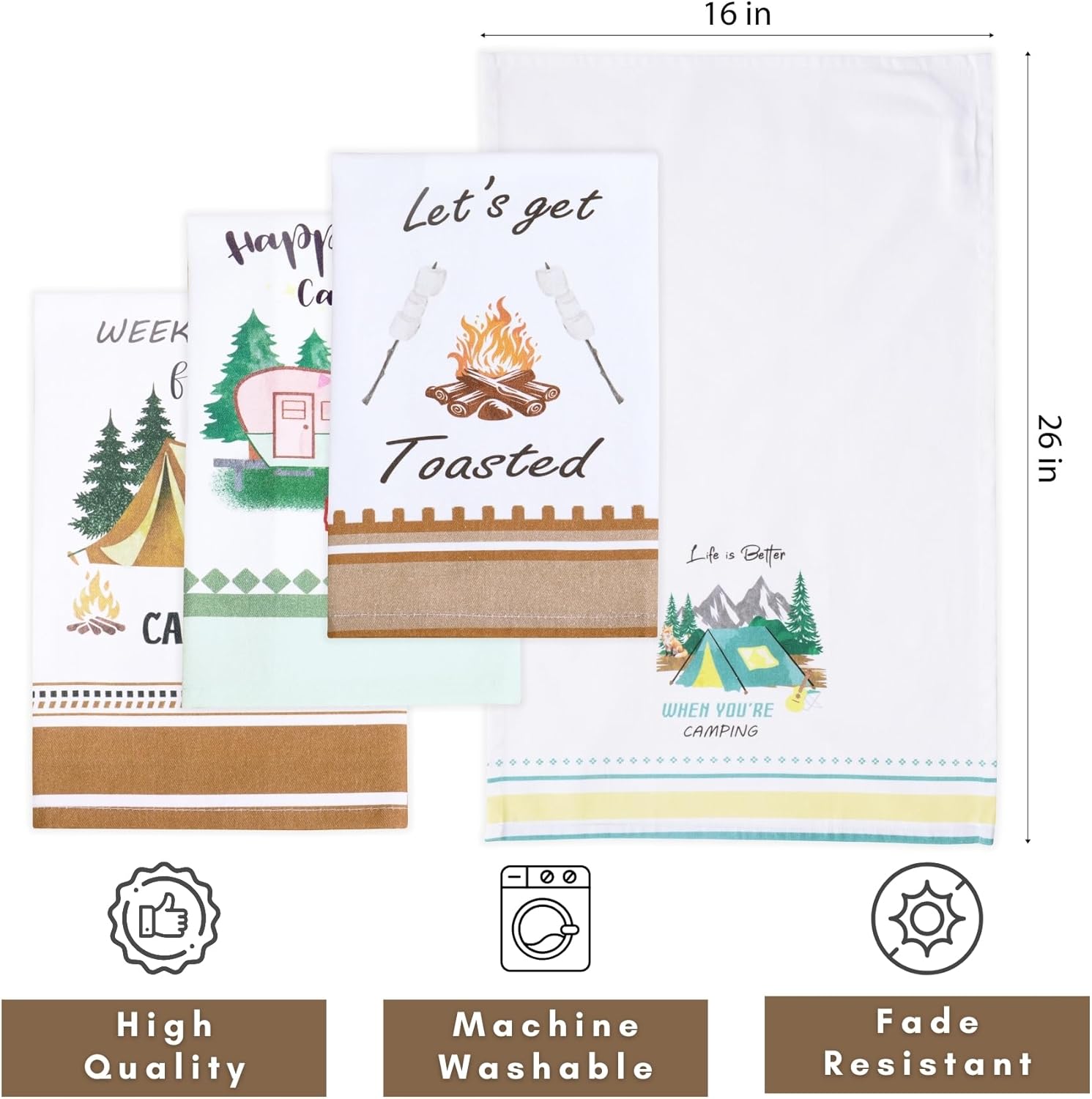 PurpleEssences Cotton Kitchen Towels Set of 4 – 16x26 in Summer Prints – Absorbent, Reusable Tea Towels for Seasonal Kitchen Décor - Camping