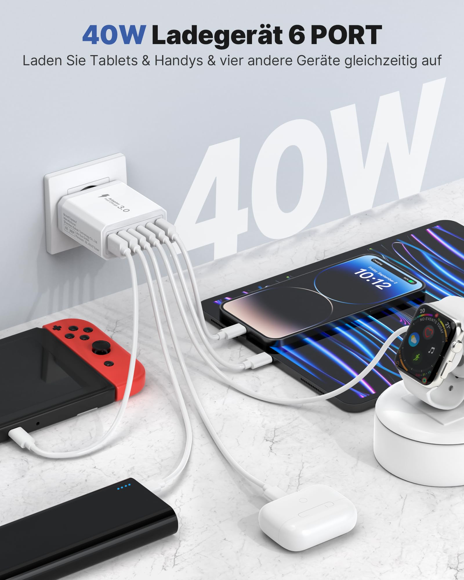 Caricatore USB C, 40W 6-Porte USB C Presa USB Multiplo per iPhone 15 14 13 12 11 Pro Max Mini SE 2020 XS XR X 8 7 6 6S Plus, iPad, Samsung, USB Multipla Spina Carica Charger Alimentatore