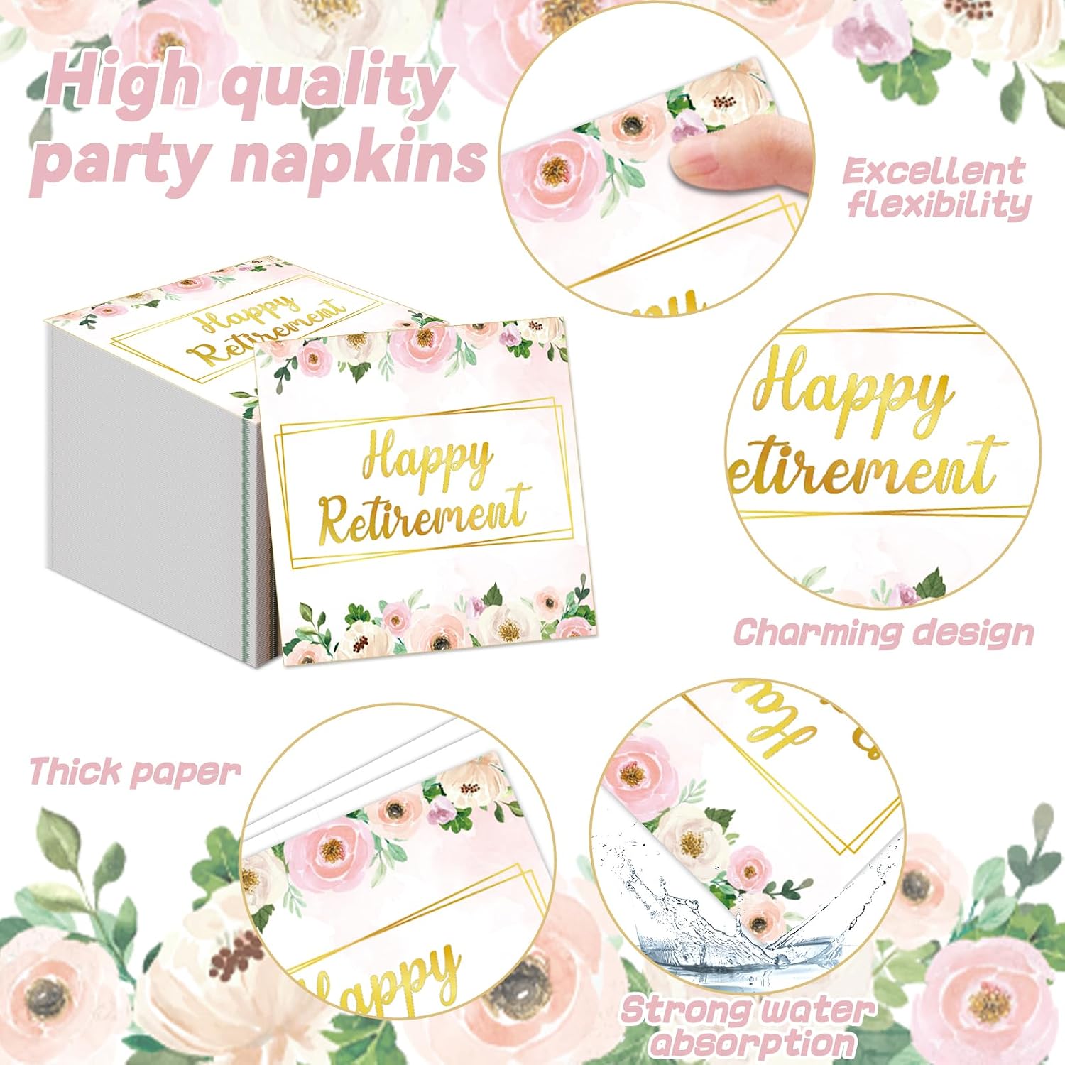 96Pcs Flower Retirement Party Decorations for Women White Peony Happy Retirement Plates Tableware Pink Gold Floral Retirement Dinnerware Napkin for Goodbye Going Away Farewell Party Supplies 24 Guests