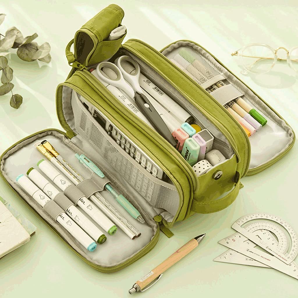 Funda de lápiz Lápiz grande Caja de lápices Bolsa de almacenamiento 3 compartimentos Organizador de escritorio Marcador de pluma pluma Efectos de escritorio simple Bolsa de lápiz -Green / Pink Pen Bag