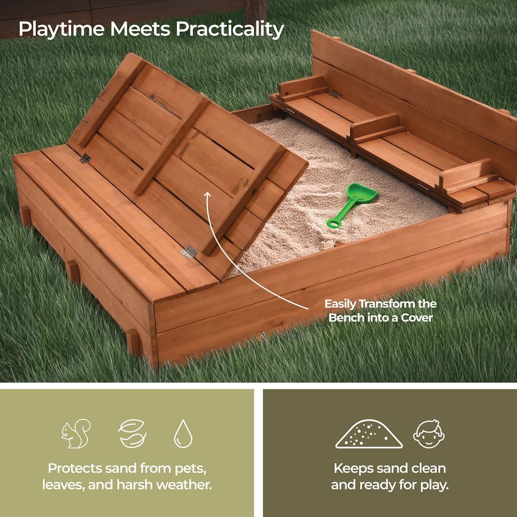 Large Wooden Kids Sandbox with Lid – Outdoor Sand Box for Kids with Cover Sand Protection, Foldable Bench Seats and Bottom Liner
