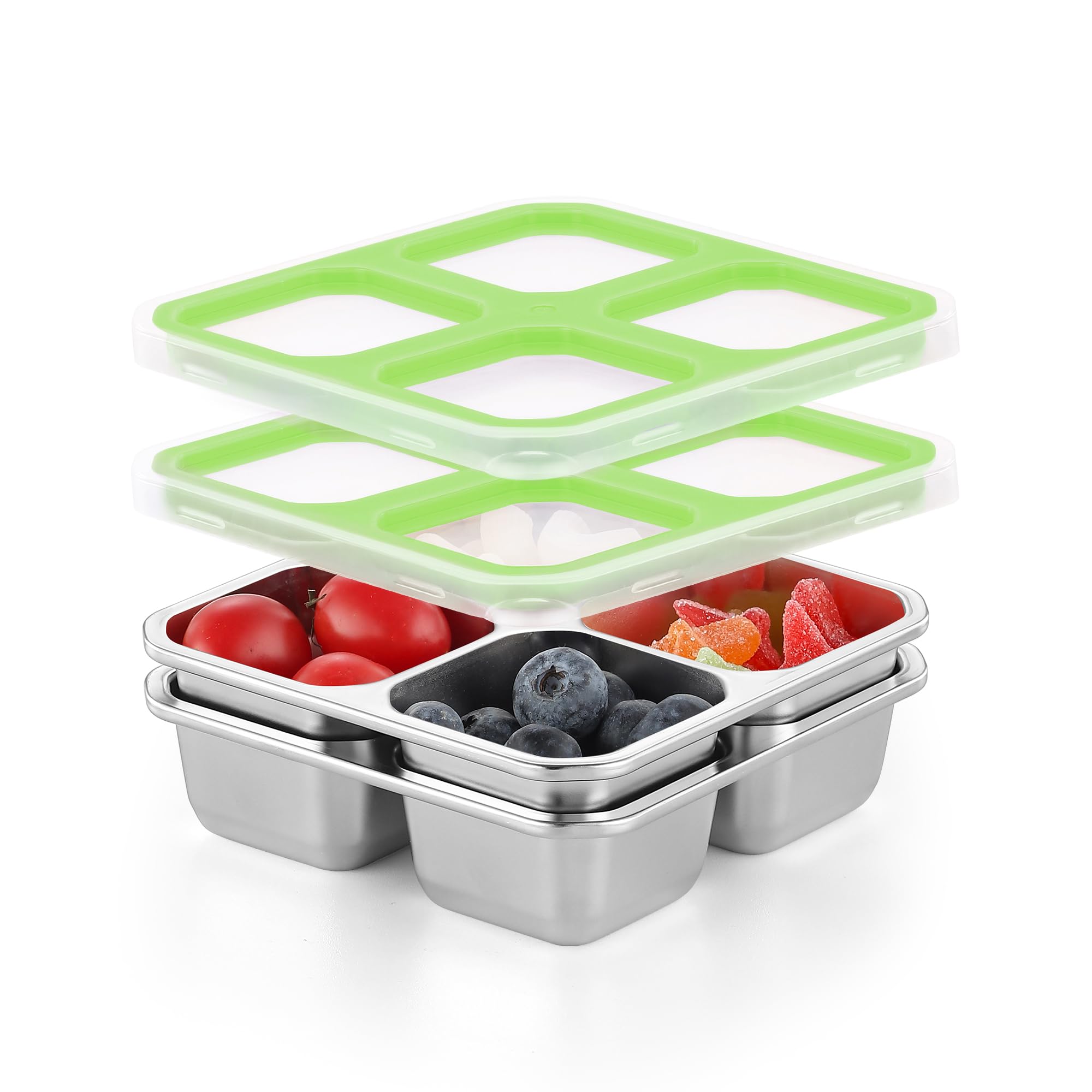 Misichao Stainless Steel Snack Boxes with 4 Compartments | Reusable Snack Containers Small Bento Lunch Box for Kids Adults Divided Meal Prep Containers for School Work and Travel 2 Pack (Green-2)