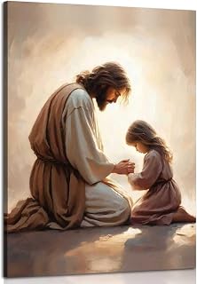 Jesus Praying with Girl Canvas Wall Art Christian Spiritual Posters Painting Religious Bible Story Prints Wall Decor Jesus Kid Pictures for Living Bedroom Room Church Home Decoration Framed