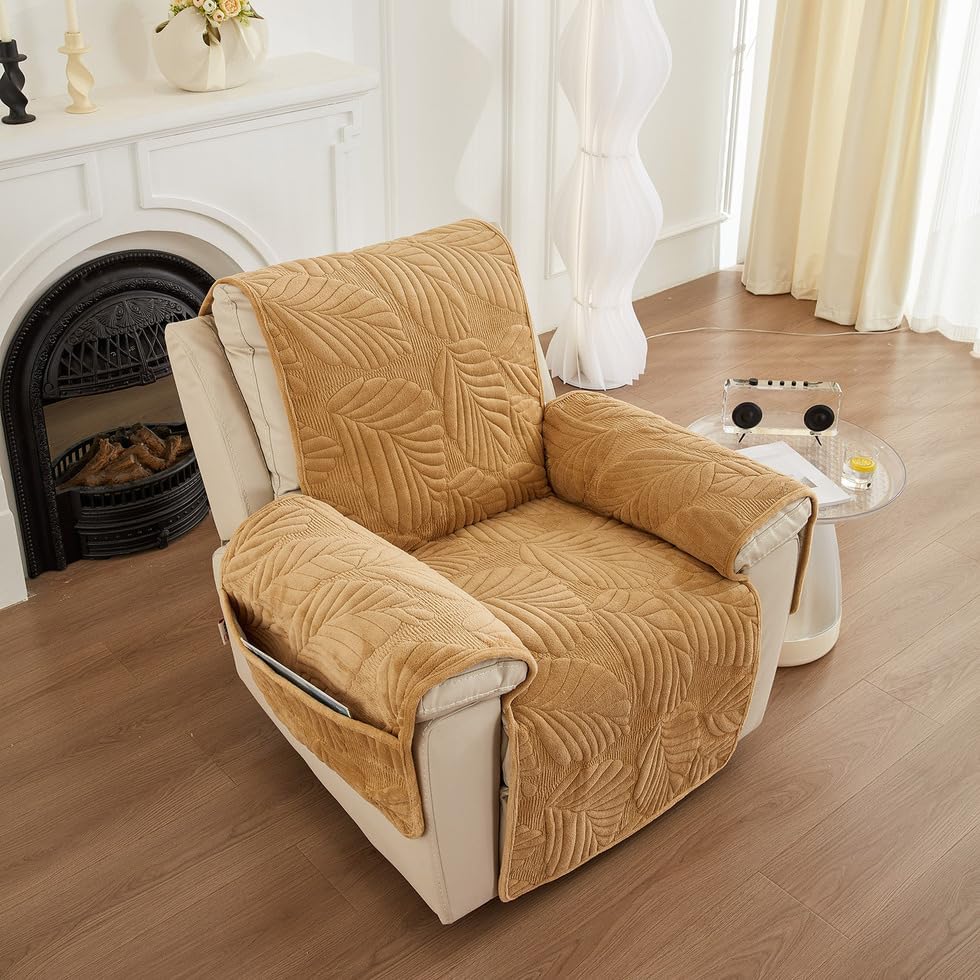 ROOMLIFE Palm Leaves Velvet Plush Quilted Recliner Chair Covers, Soft Non-Slip Dog Chair Cover Furniture Protector Washable Slipcover with Pocket, Elastic Straps for Pets, Kids (Khaki, 23.6"X 91")