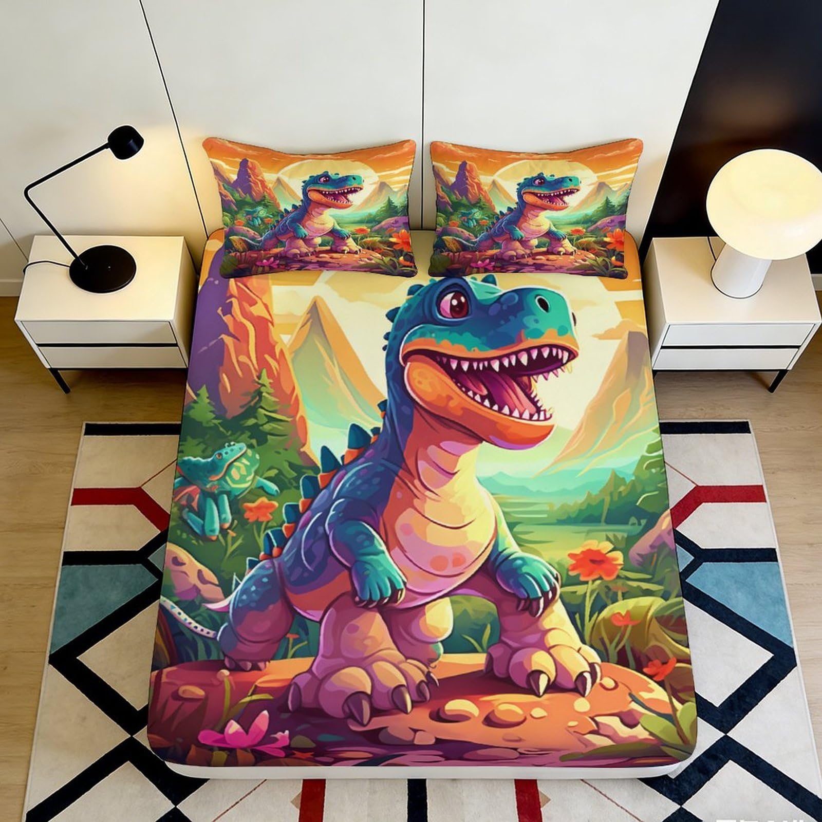 3D Printed Cartoon Dinosaur Fitted Sheet Microfiber Colorful Landscape Bed Cover for Bedroom Guestroom Decor 90x200x25cm