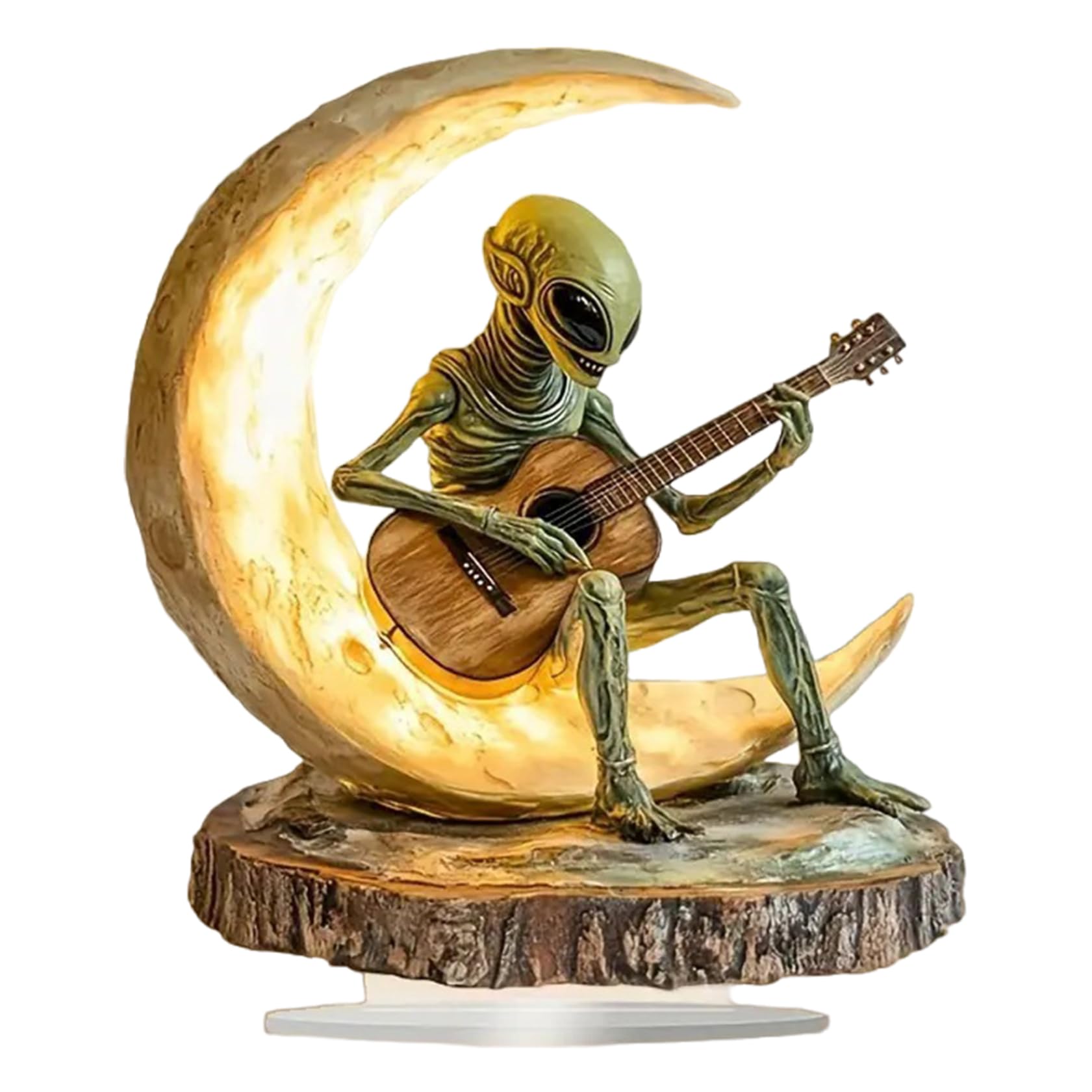 Gcroet 1PC Alien Decor Ornament 6.7x7.9 inch Acrylic Guitarist Alien Figure Sitting on Moon, Desktop Alien Statue with Wooden Base for Home Office Desktop Coffee Shop Decoration