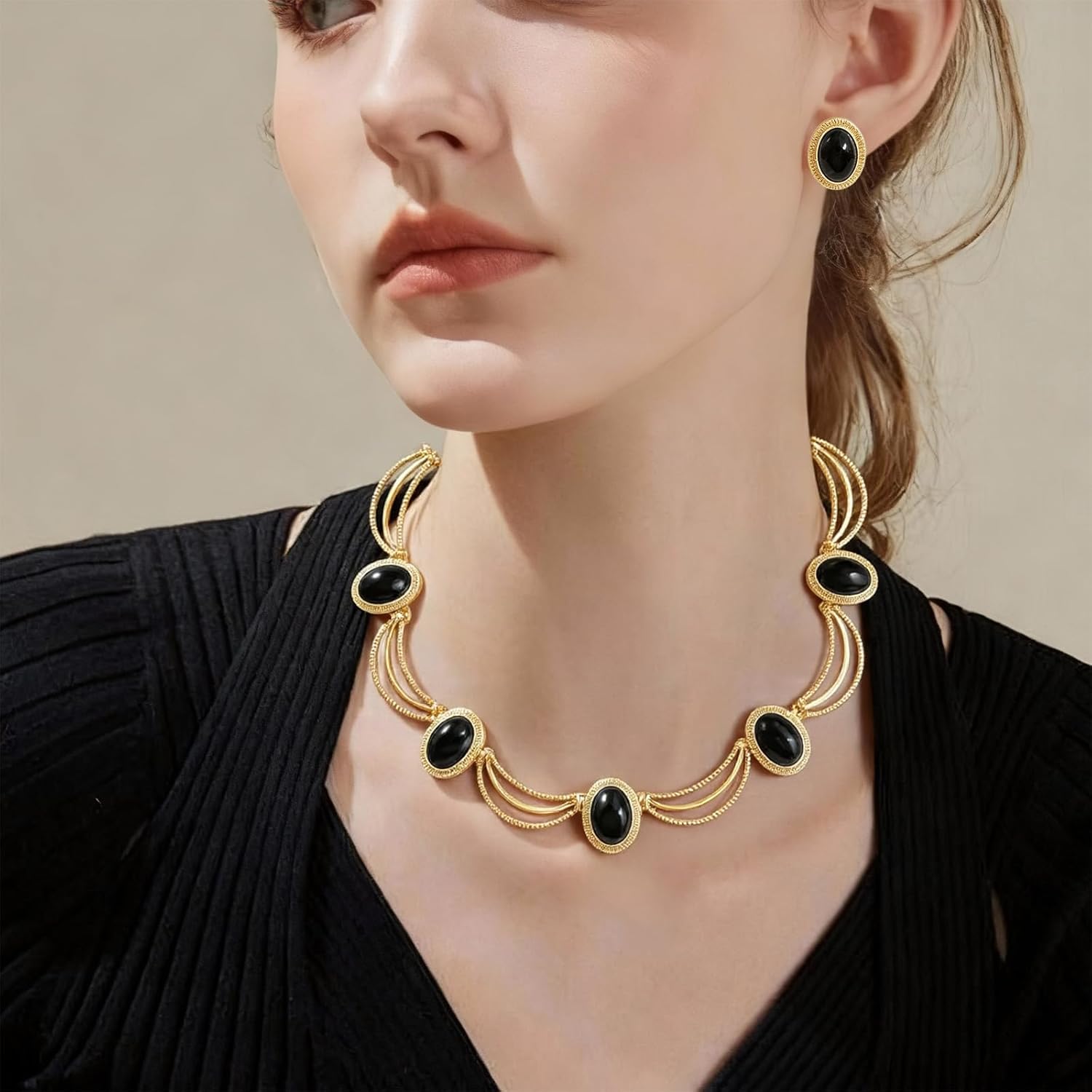 Black and Gold Jewelry Sets for Women, Gold Plated Textured Metal Necklace and Earrings Set with Deep Black Oval Stones, Coordinated Accessories for Wedding Party Gala - Image 7