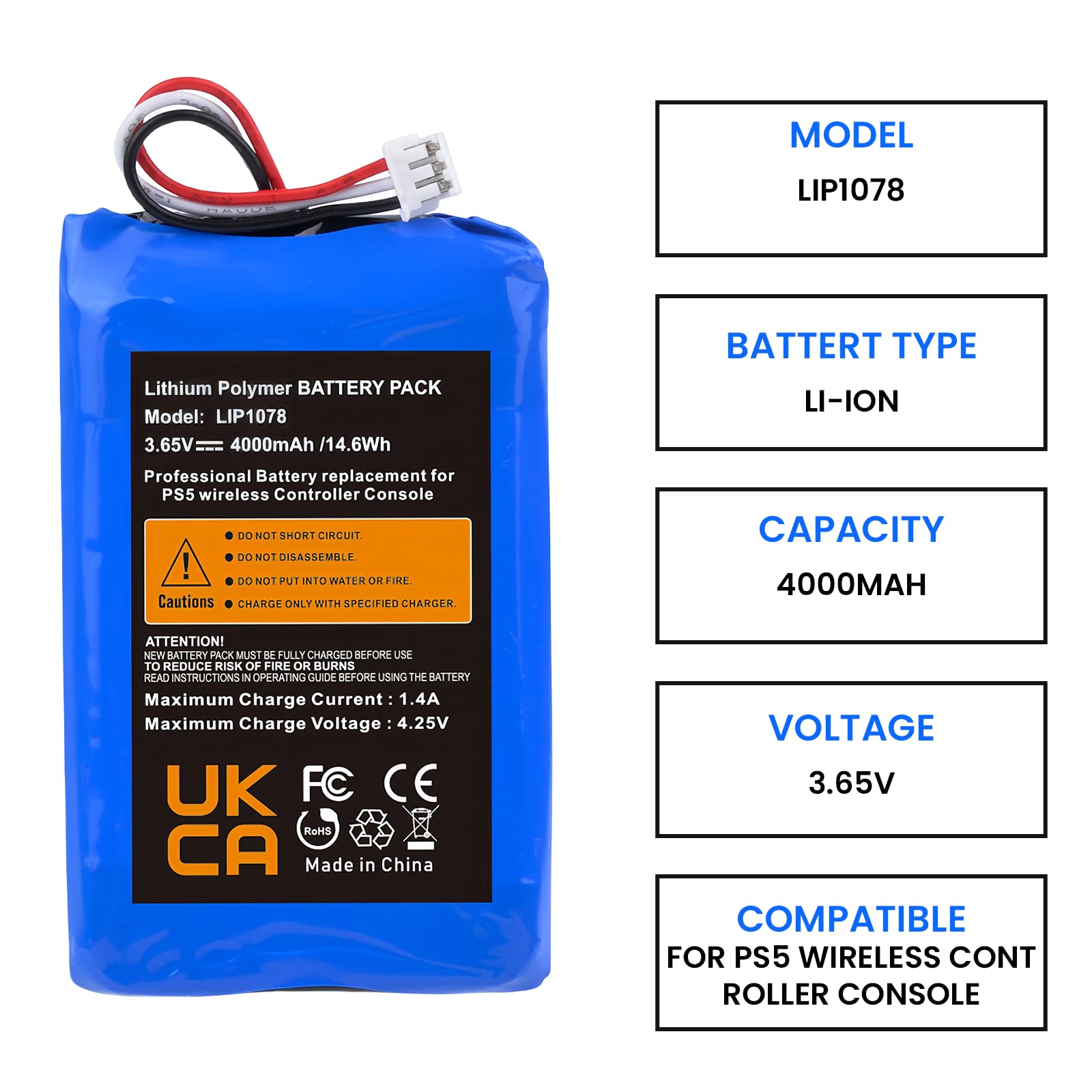 Batería para mando PS5, 4000 mAh, 3,65 V, LIP1078, batería de repuesto para PS5 PlayStation 5 DualSense