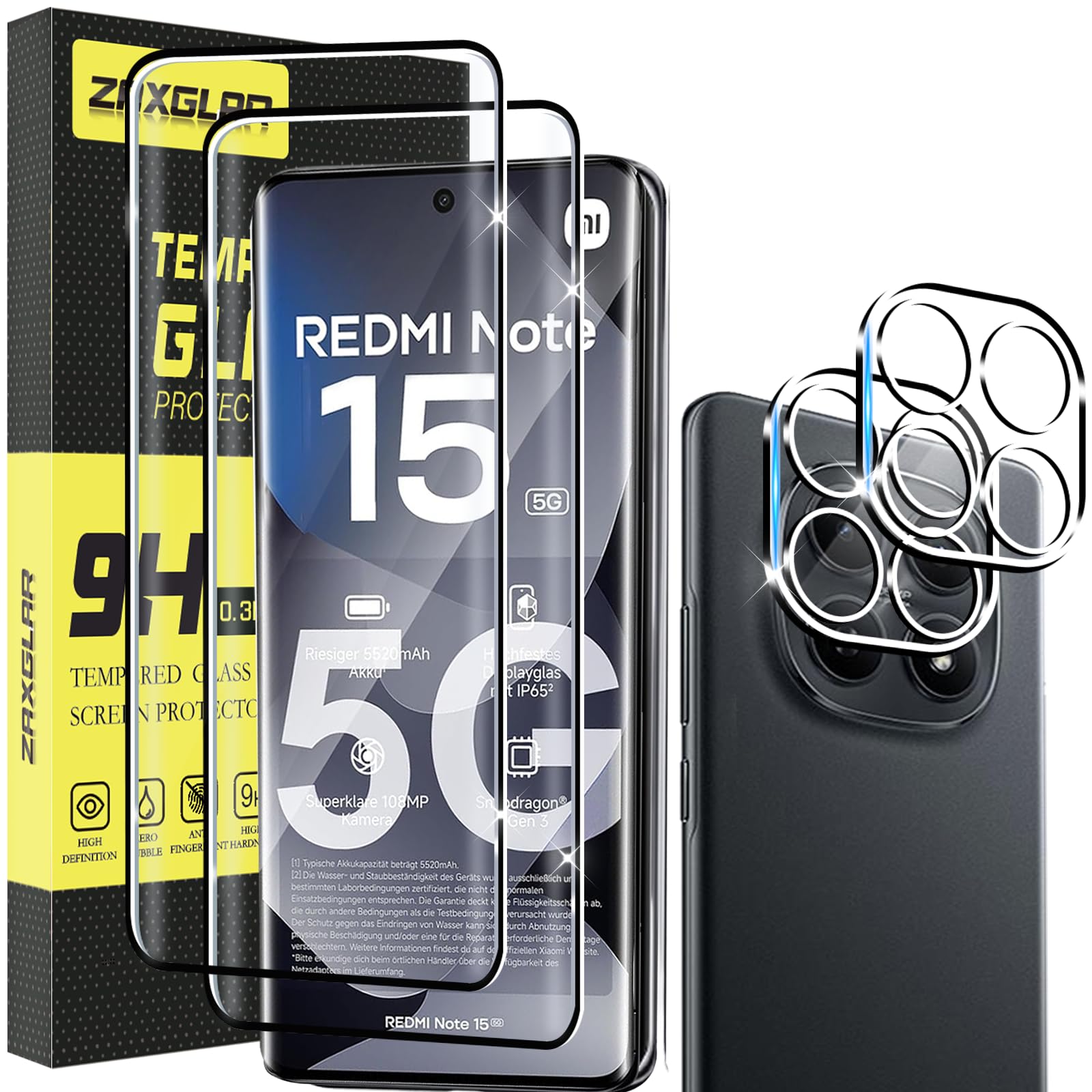 Pellicola Vetro Temperato per Xiaomi Redmi Note 15 5G, 2+2+2 Pezzi Interna TPU Pellicola Protettiva+ 9H Anteriore Vetro Temperato+ Pellicola Fotocamera