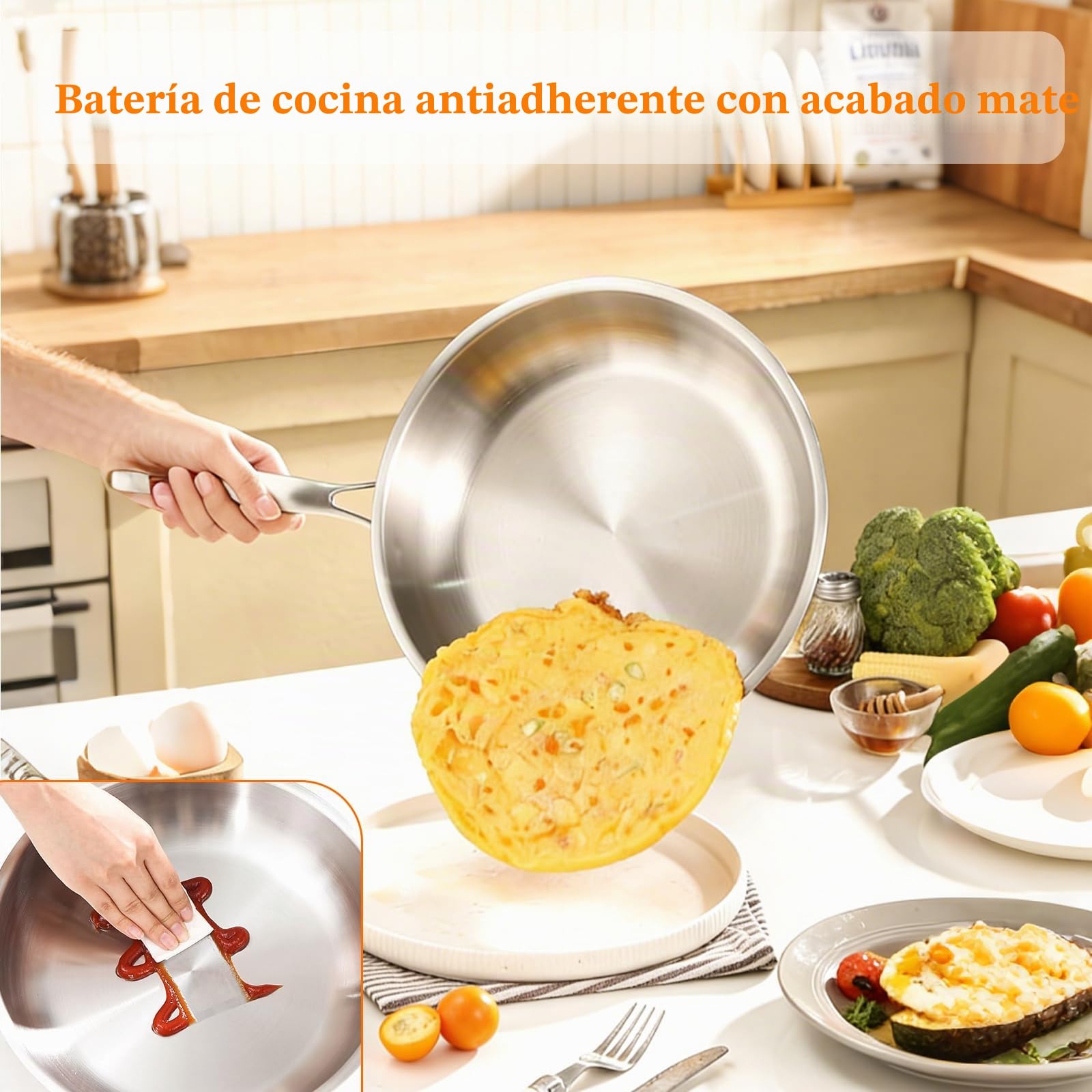 Sartén de Acero Inoxidable Triply 30cm, Sartén Sin Recubrimiento Antiadherente, Compatible con Todo Tipo de Cocinas Inducción Gas Eléctrica, Utensilio de Cocina Duradero para Familia