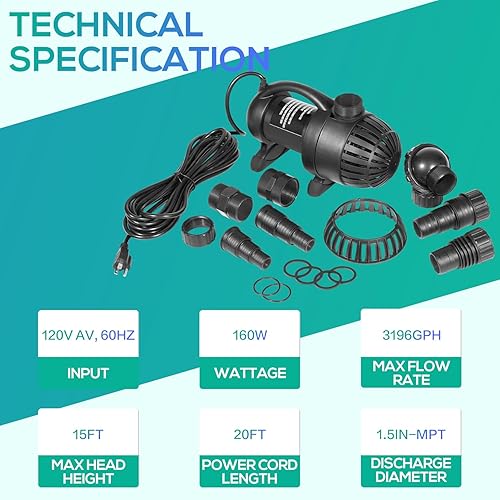 Miniatura 6 de 91018 3000 GPH Bomba sumergible para estanques, cascadas sin estanque y filtros de espumadera, altura de cabeza de 15 pies, cable de alimentación de