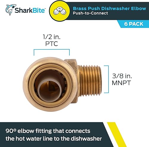 Miniatura 2 de SharkBite Codo de lavavajillas de 90 grados de 12 pulgada x 38 pulgadas, MNPT, paquete de 6, accesorios de plomería de latón a presión para