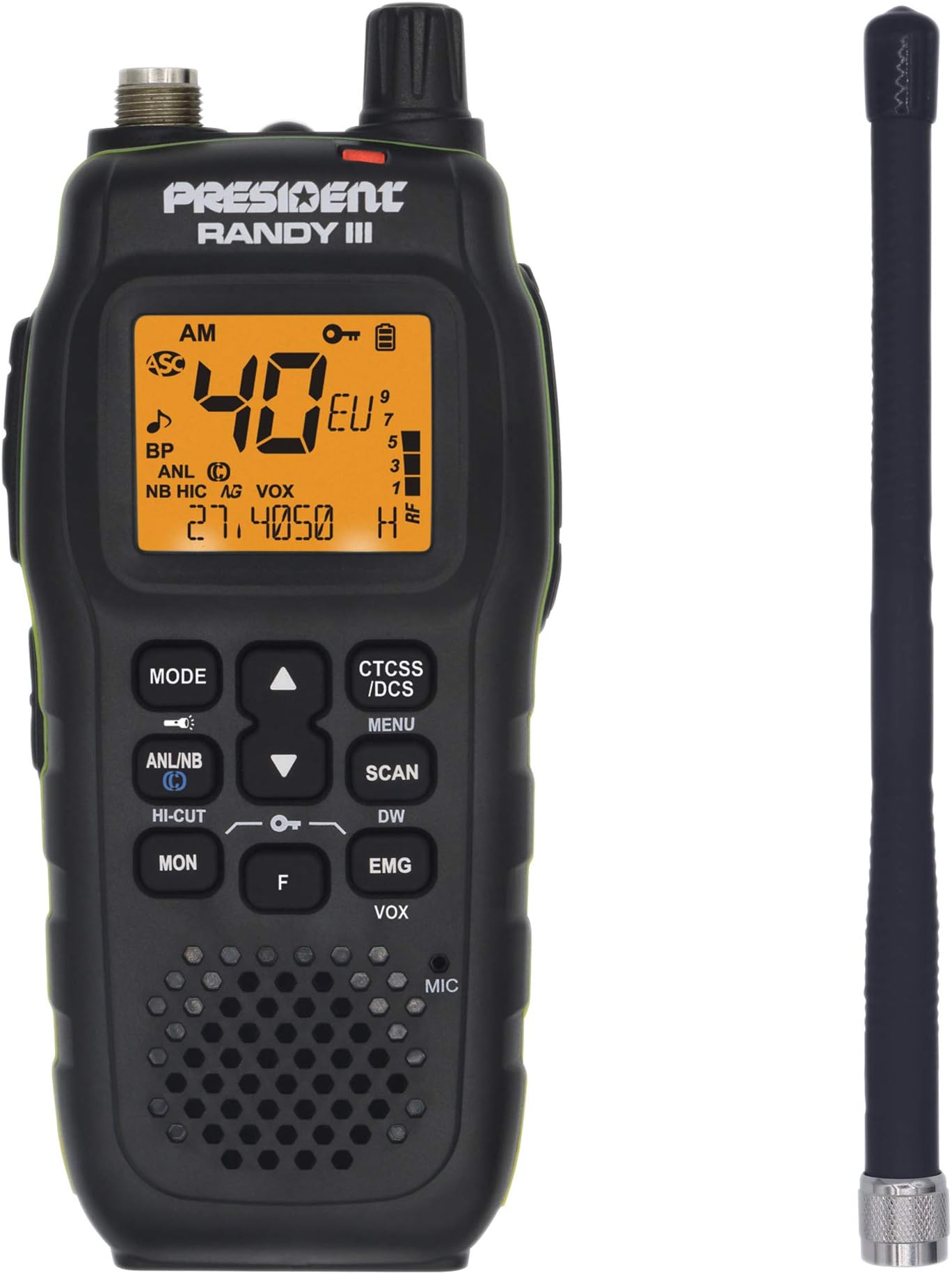Portable CB radio President RANDY III AM/FM, Roger Beep, ASC, ANL, NB, HI-CUT, CTCSS/DCS, battery