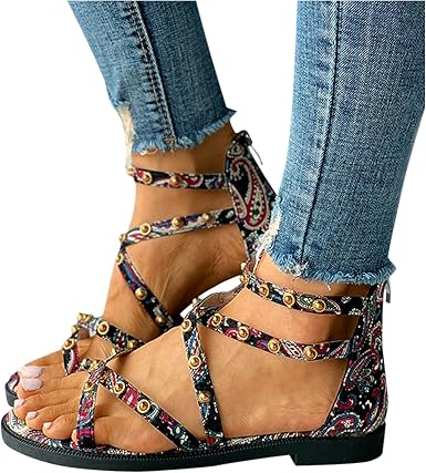 Amazon.com: Sandalias planas Boho para mujer, estilo informal, con tiras y  tiras para playa, con correa al tobillo, zapatos bohemios : Productos para  Animales