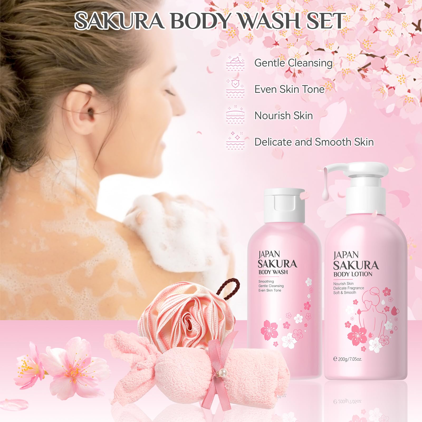 9Pcs Bath and Body Gift Set for Women & Girls, Cherry Blossom Bath and Body Gift Set including Body Wash, Lotion, Soap - Image 4