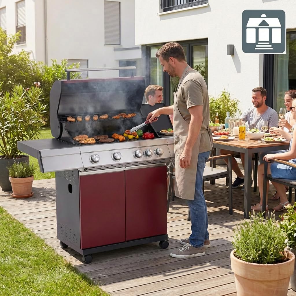 Tarrington House Gasgrill 4-Hauptbrenner und Seitenbrenner Gasgrill Paxton, Grillfläche 41 x 71 cm, Ablagetisch, fahrbar, Stahl, rot