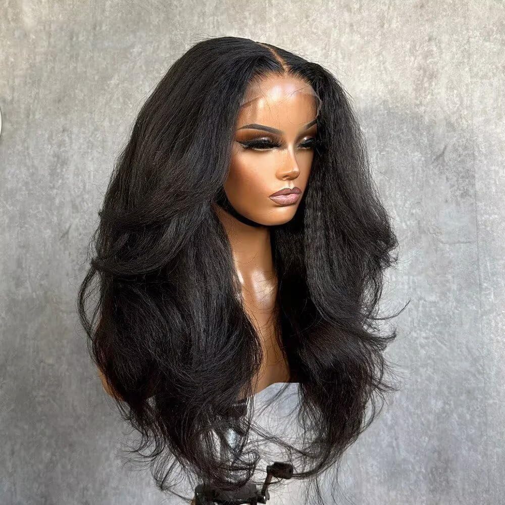 Kinky Yaki Straight Soft Glueless Wig Body Wave 180% Density Pre Plucked Natural Color Human Hair Wigs 13x6 Deep Part Transparent HD Lace Front Wigs with Natural Baby Hair for Women 14 Inch