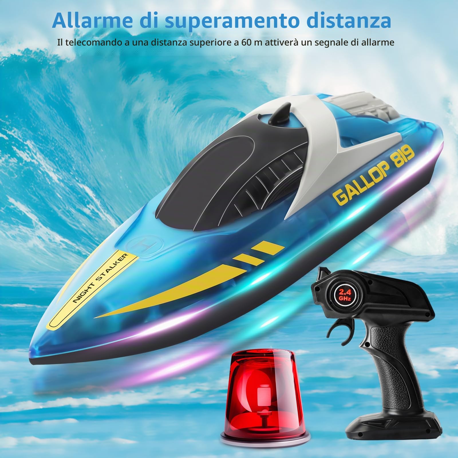 Barca Telecomandata con Luce LED, 2,4GHz Ricaricabile Barca RC completamente proporzionale, Impermeabile Motoscafo Telecomandato, Auto-Raddrizzamento Motoscafo, per Piscine, Laghi, Bambini