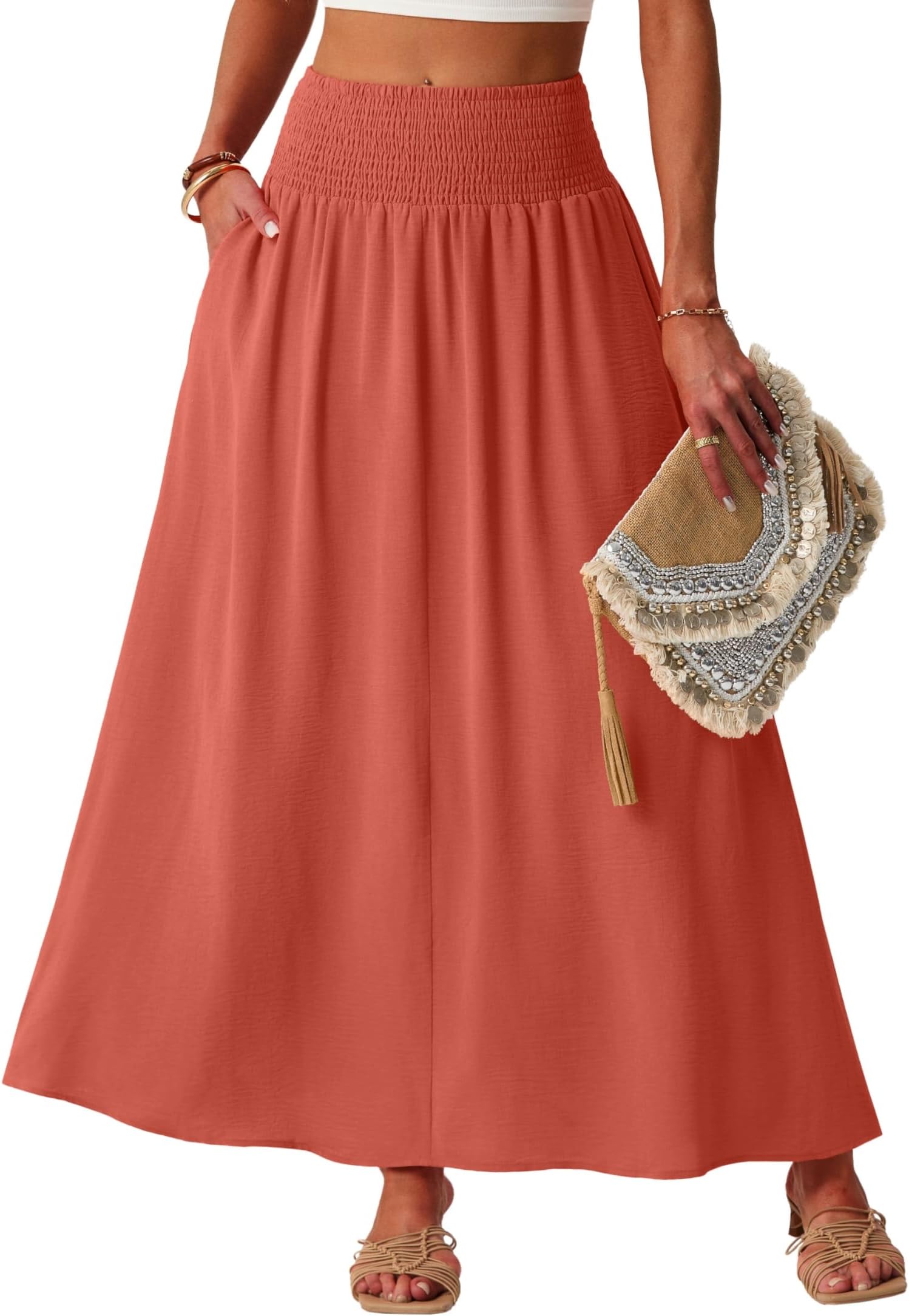 Maxi Skirts for Women Smocked Elastic High Waisted Casual Boho Swing Pleated Beach Long Skirts with Pockets