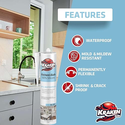 Miniatura 4 de Kraken Bond Calafateo de silicona 100% blanca  (2 x 10.1 onzas líquidas) sellador de silicona impermeable para cocina, baño, bañera, ducha,